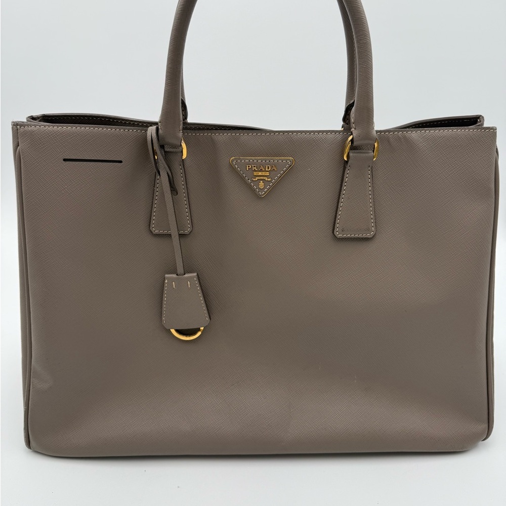 Prada Saffiano Galleria Gray Leather Tote with Gold Accents